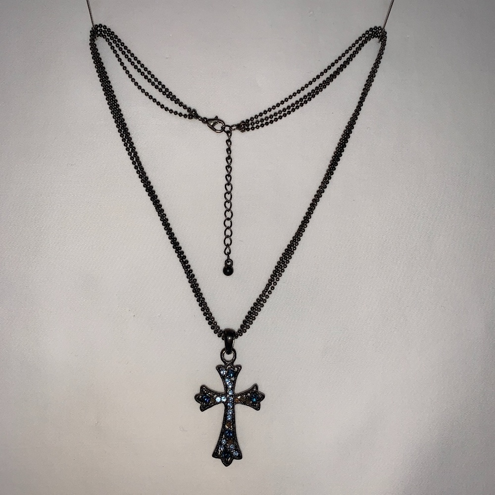 3 Chain Necklace w/Rhinestone Cross - 18" Long